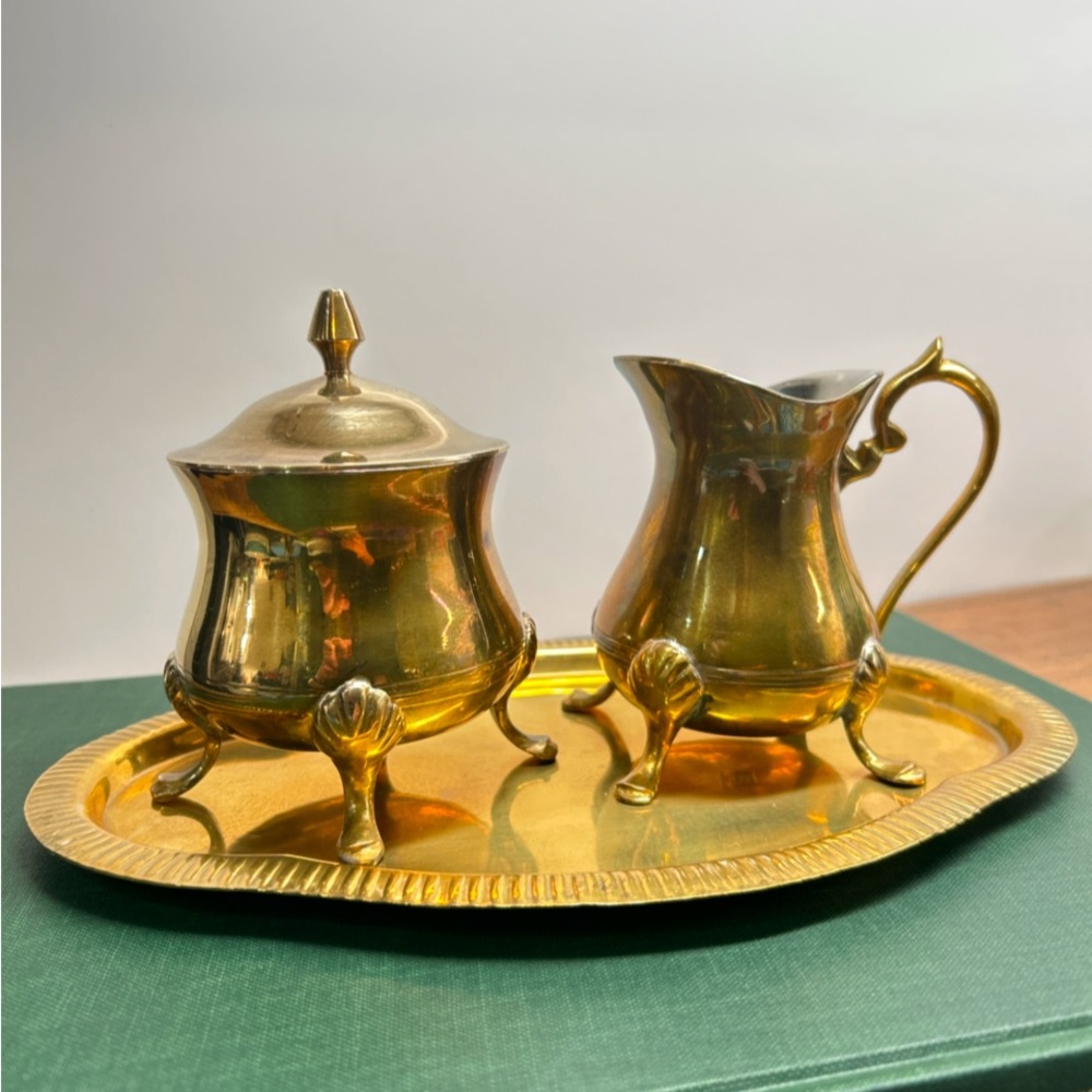 Solid Brass Cream & Sugar Set Including Tray 4 Piece Set Hand Made In India